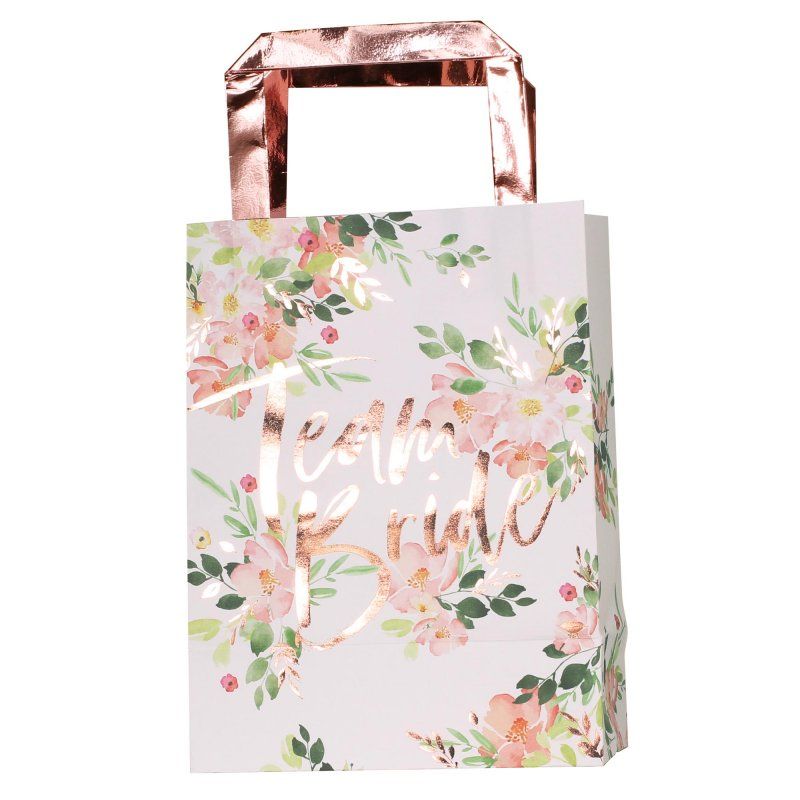 Floral hen party bags for Team Bride, pack of 5, 24cm W x 35cm H, perfect for celebrations and unique party favors.