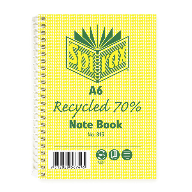 Eco-friendly A6 notebook with 100 smooth pages, green Hounds Tooth cover, and durable spiral binding, made from 70% recycled paper.