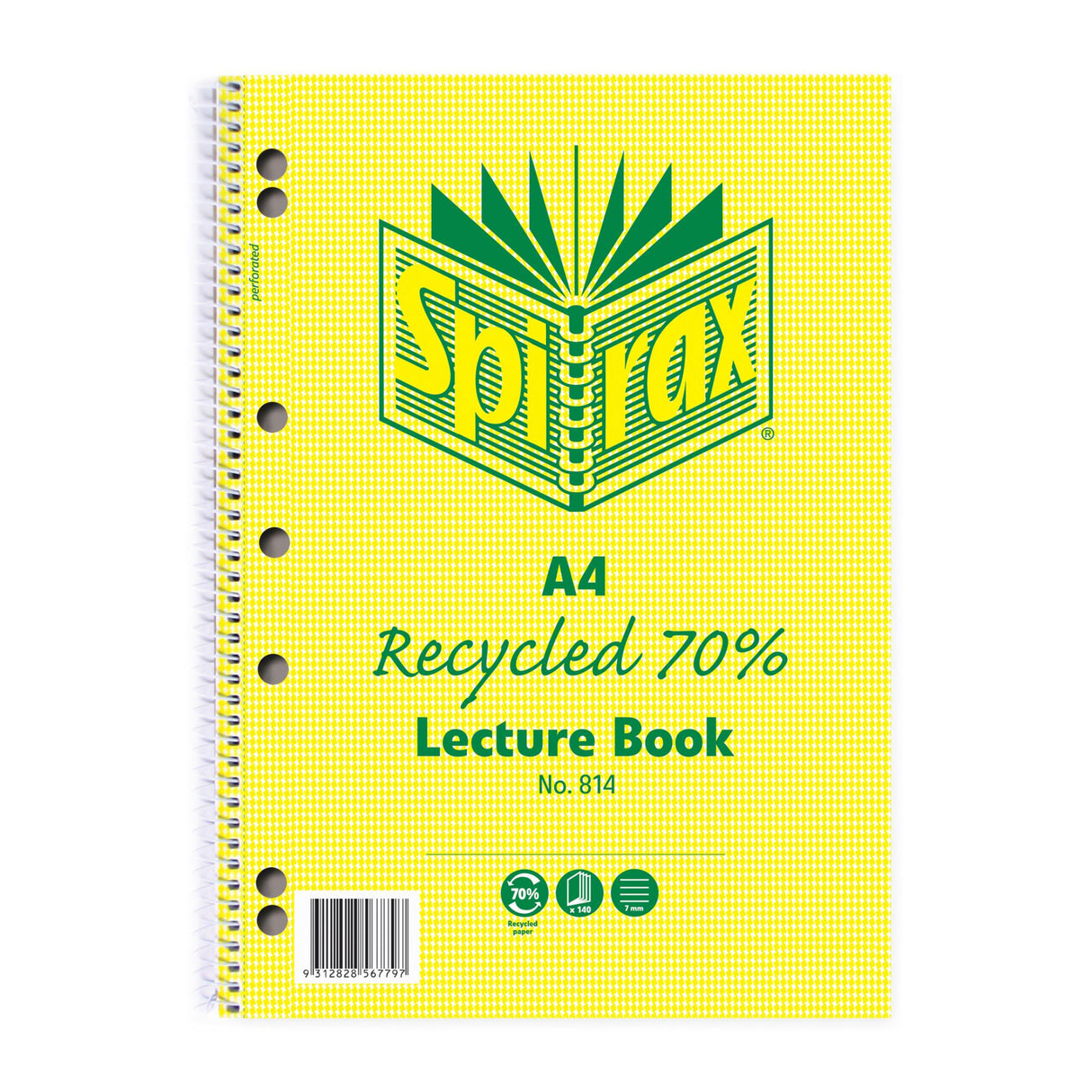 Eco-friendly Spirax 814 A4 lecture book with 140 pages, spiral-bound, 70% recycled paper, and stylish green Hounds Tooth cover.