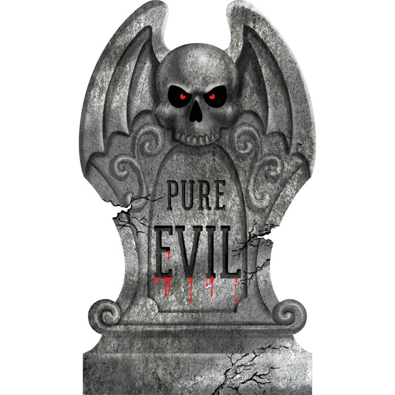 Foam tombstone decoration for Halloween, 55cm, with detailed horror design and stakes for easy ground placement.