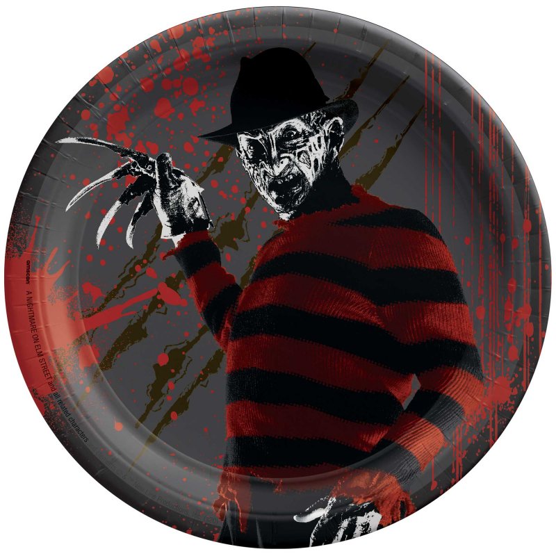 Round paper plates featuring a chilling Nightmare On Elm St design, ideal for Halloween parties and horror film gatherings.