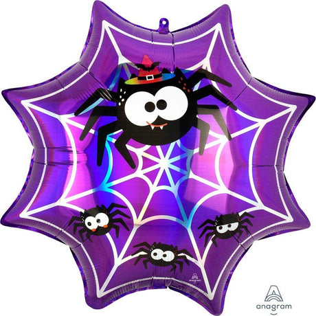 Holographic 55cm foil balloon featuring an iridescent spiderweb and spiders, perfect for Halloween celebrations and decorations.