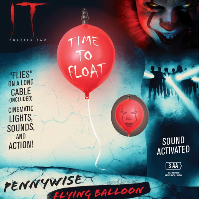 "It Chapter 2 Flying Balloon prop with sound effects, lights, and eerie design for Halloween or horror-themed events."