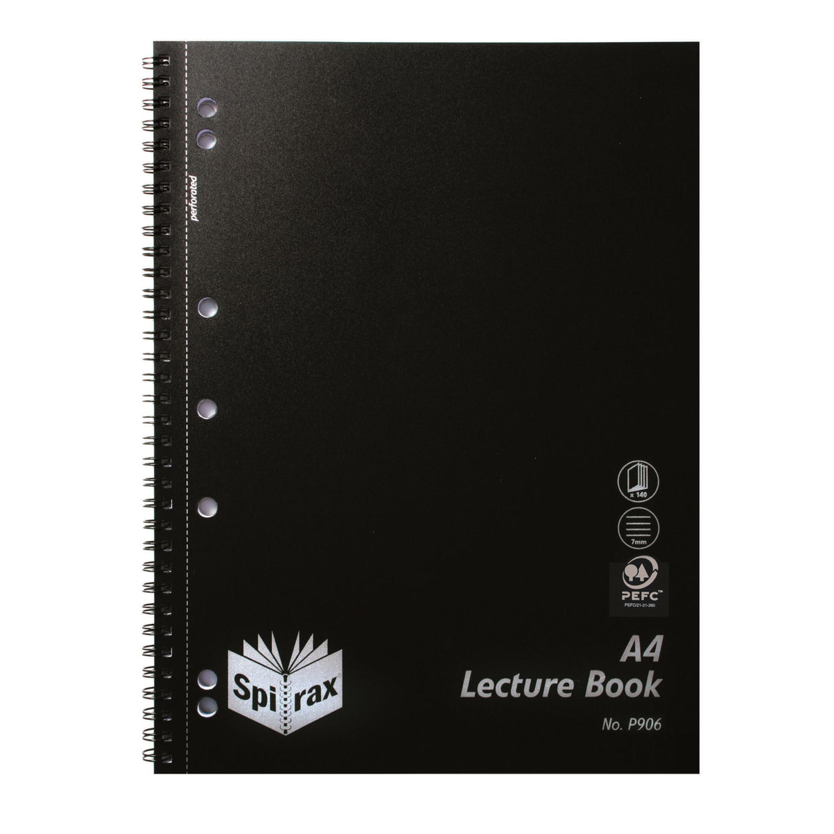 Spirax P906 A4 lecture book with black cover, 140 perforated pages, red ruled margins, and spiral binding for easy note-taking.