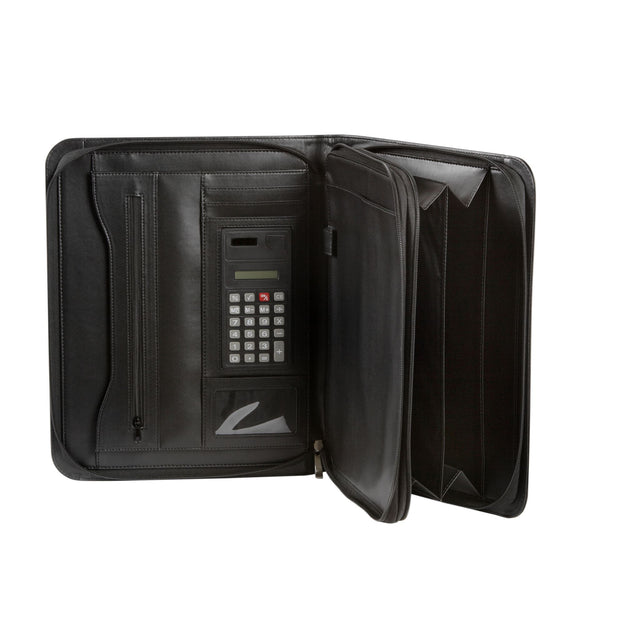 Stylish Spirax Executive Compendium A4 with zipper, notebook, calculator, and pockets for organized professional use.