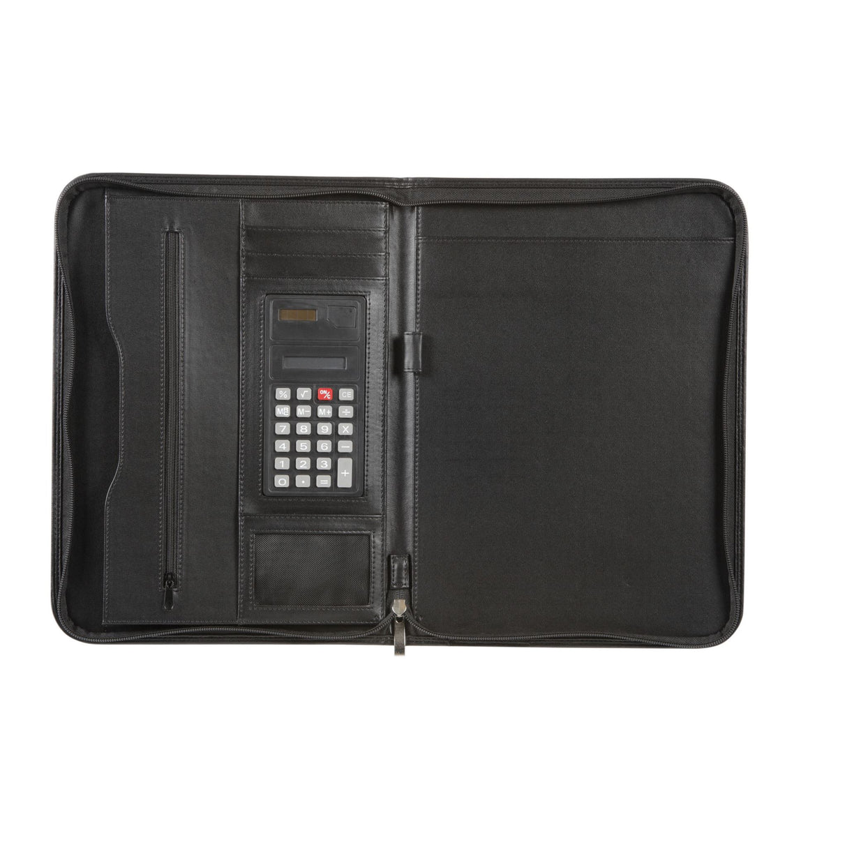 Sleek Spirax Slimline A4 zippered notebook with writing pad, business card pocket, and calculator for organized professionals.