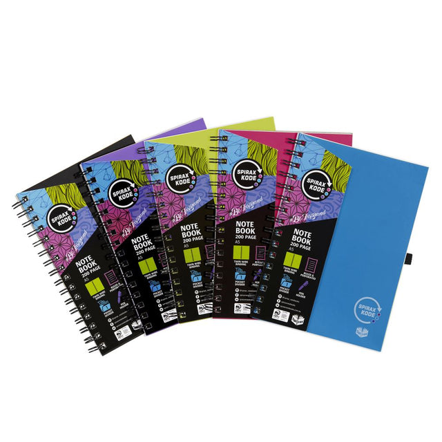 Spirax Kode A5 notebook with 200 ruled pages, twin wire binding, elastic pen loop, and five vibrant colors for organization.