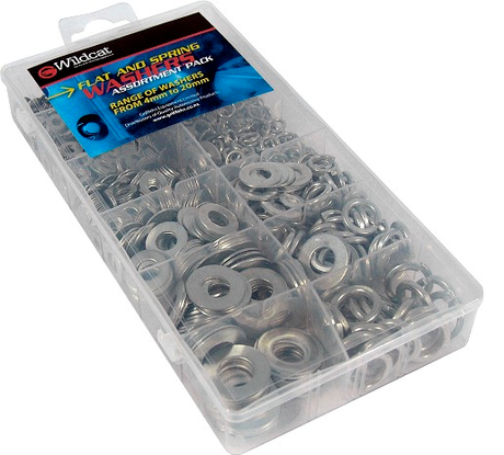 Flat and spring washer assortment by Wildcat, featuring various sizes (4mm to 20mm) in a sturdy display case.