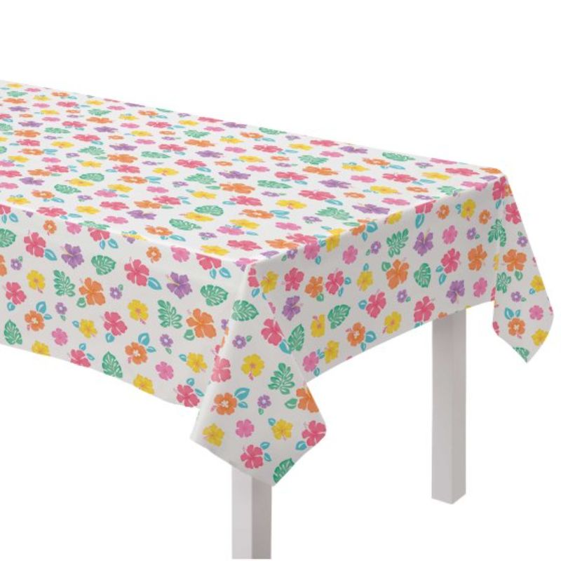 Vibrant Summer Hibiscus flannel backed vinyl tablecover, ideal for outdoor dining and summer gatherings, measuring 132cm x 228cm.