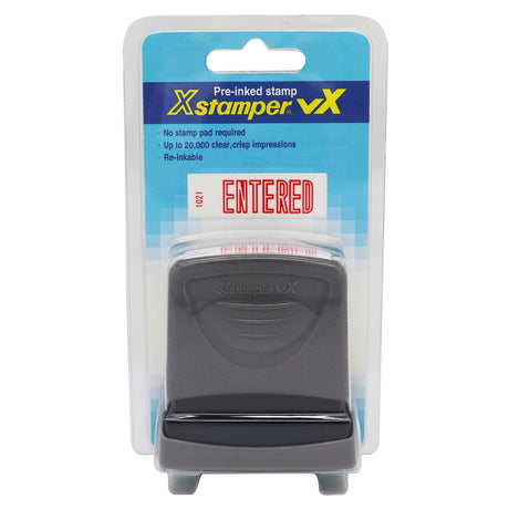 Xstamper Vx-B 1021 pre-inked stamp in vibrant red, delivers 20,000 crisp impressions, ideal for office and craft use.