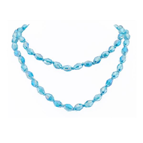 Elegant teal crystal necklace with knotted thread, 80cm long, perfect for versatile styling and adding color to any outfit.