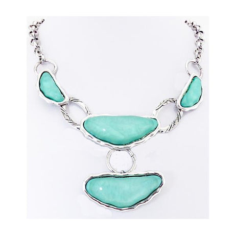Sleek matt silver necklace with vibrant aqua accents, perfect for elevating any outfit in contemporary style.