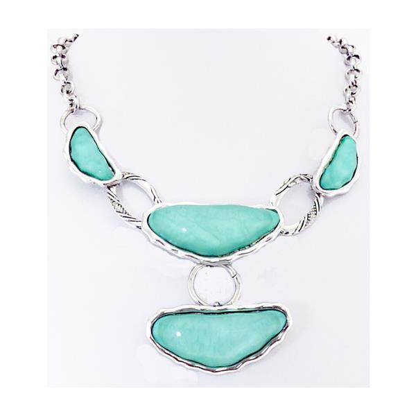 Sleek matt silver necklace with vibrant aqua accents, perfect for elevating any outfit in contemporary style.