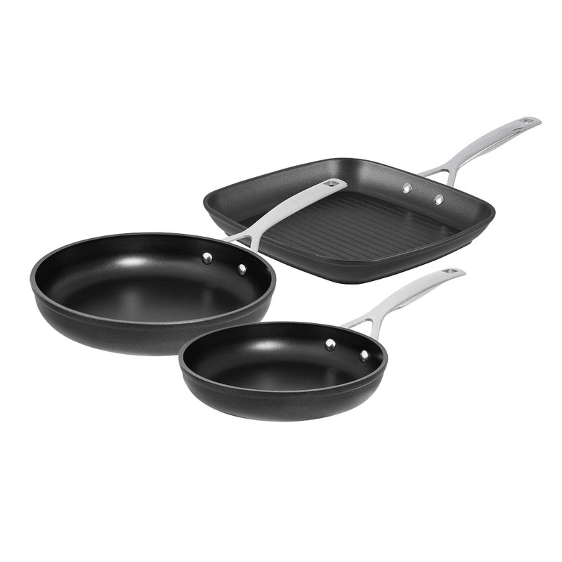 3-piece Pyrolux Ignite Fry Pan Grill Set with 20cm and 28cm fry pans, plus 28cm grill pan for versatile cooking.