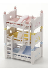 Triple Bunk Beds for Sylvanian Families, featuring three stackable beds with bedding, perfect for imaginative play.