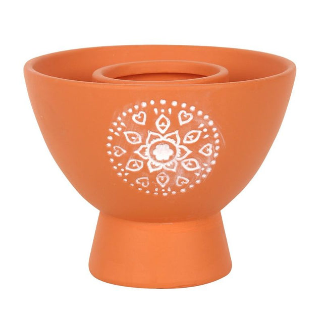 Large terracotta smudge bowl with intricate Mandala design, perfect for burning herbs and enhancing spiritual rituals.
