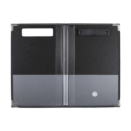 Durable black clipfolder with silver metal corners, pockets for papers, and strong clip for on-the-go organization.