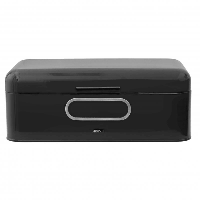 Avanti Retro Large Black Bread Bin with curved edges, see-through window, and hinged vented lid for optimal bread freshness.