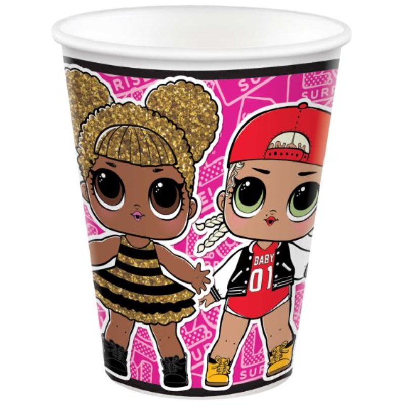 Vibrant set of 8 LOL Surprise paper cups, 266ml, perfect for kids' parties and celebrations featuring favorite characters.