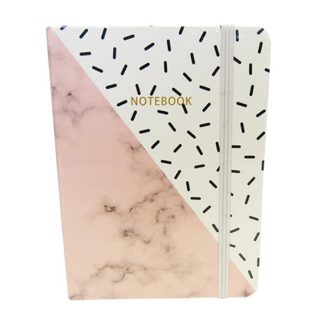 Elegant black and white marble notebook with lined pages and an elastic closure, perfect for stylish note-taking.