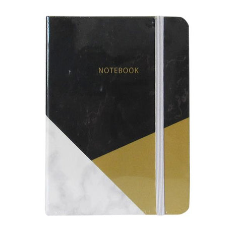 Elegant marble designed notebook with gold accents, lined pages, and elastic closure; perfect for stylish note-taking on the go.