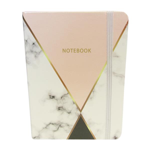 Stylish pink marble notebook with lined pages, elastic closure, perfect for journaling and note-taking.