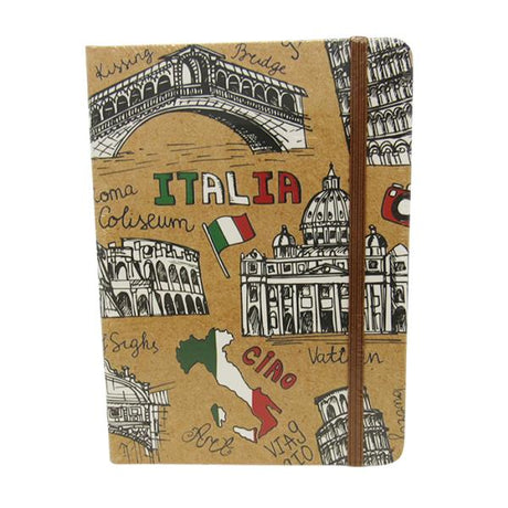 Travel-themed notebook featuring lined pages and an elastic closure, perfect for capturing adventures in Italy.