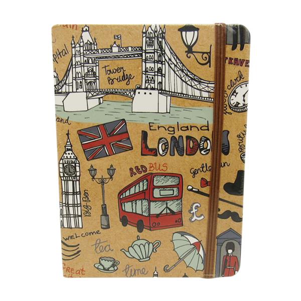 Travel-themed notebook with lined pages and elastic band closure, 14.5 x 10.5 cm, perfect for on-the-go journaling.