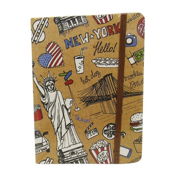 Travel-themed notebook with lined pages, elastic closure, 14.5 x 10.5 cm, ideal for journaling and capturing memories.