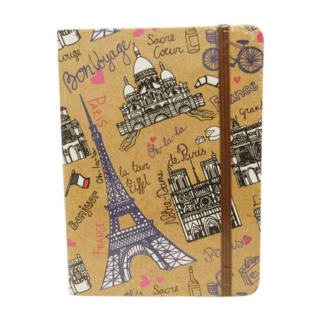 Elegant travel-themed notebook with lined pages and elastic closure, perfect for documenting Paris adventures.