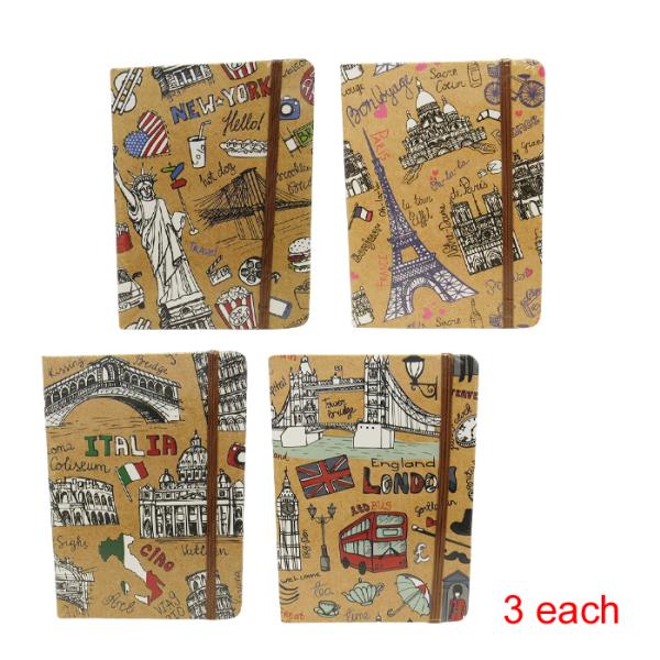 Set of 12 compact travel-themed notebooks with lined pages and elastic closures, perfect for jotting down adventures.