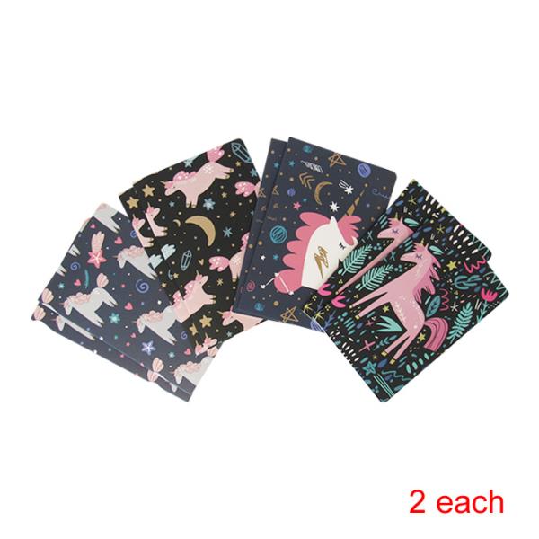 Set of eight unicorn-themed notebooks with lined paper, perfect for creativity and journaling, measuring 20.5 x 13.5 cm.