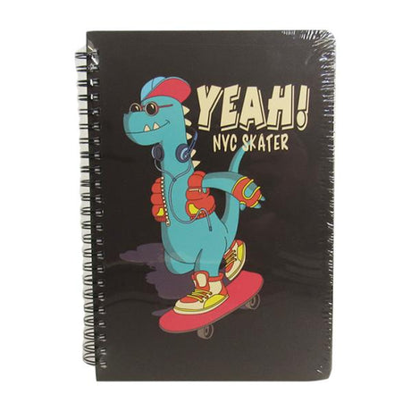 Spiral-bound black notebook with skater design, lined pages for notes and sketches, perfect for creative expression on the go.