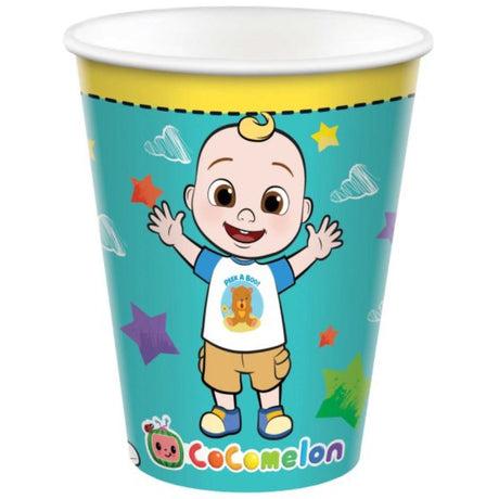 Colorful Cocomelon paper cups set of 8, perfect for kids' parties and celebrations, eco-friendly and sturdy design.