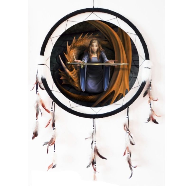 62cm round dreamcatcher by Anne Stokes featuring a dragon and maiden, black velvet, faux fur edges, and tonal feathers.