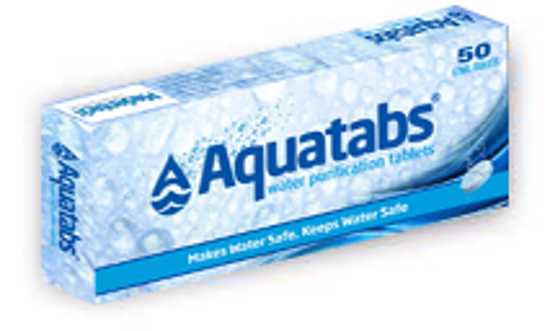 Aquatabs water purification tablets in a pack of 50, ideal for safe drinking water on camping trips and emergencies.
