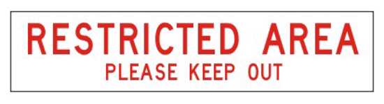 Red and white barricade tape reading "Restricted Area Please Keep Out," designed for safety and visibility, 100mm x 300m roll.