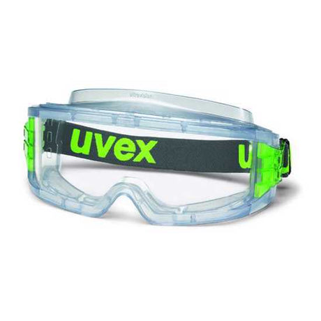 Clear Uvex Ultravision SV Safety Goggles with ventilation, anti-fog lens, and prescription glasses compatibility for enhanced eye protection.