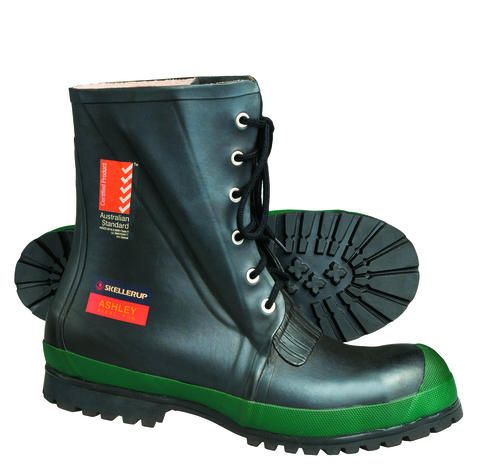 Skellerup Ashley Steel Toe Gumboots in Size 10, featuring waterproof design, cushioned innersole, and safety compliance.