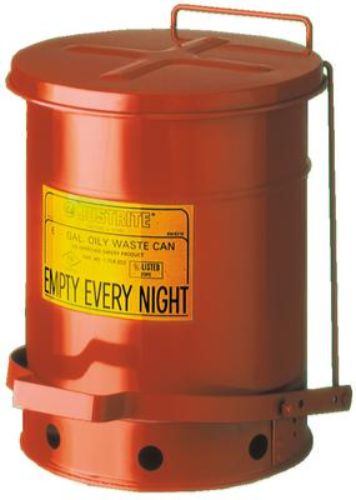 Foot-operated 23 Litre oily waste can designed for safe disposal of solvent cloths, minimizing fire hazards in workshops.