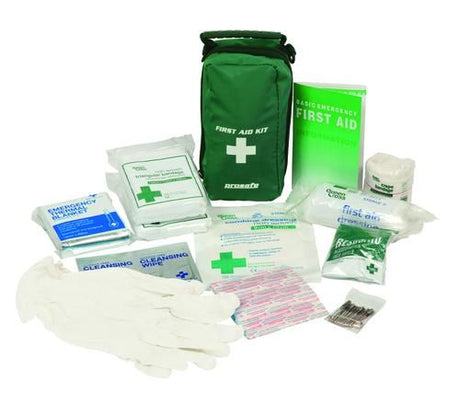 Compact first aid kit for vehicles, includes adhesive plasters, bandages, gloves, and CPR supplies for emergency readiness.