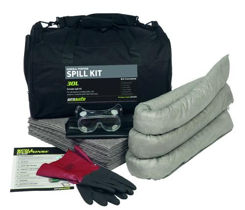 General Purpose Spill Pack in a sports bag, featuring absorbent pads, socks, gloves, goggles, and disposal bags for spill management.