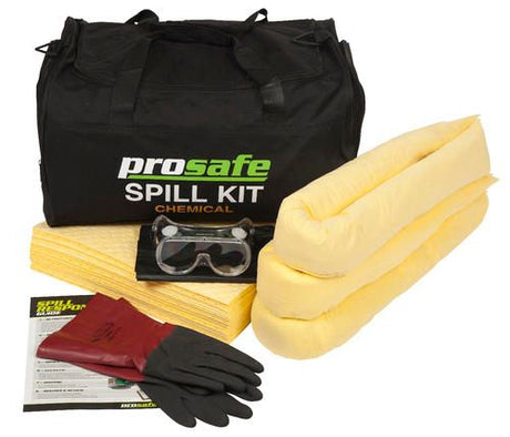 Prosafe Spill Packs (Chemical) in a portable bag, containing absorbent pads, socks, gloves, goggles, and cleanup supplies.