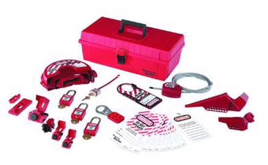 Lockout/Tagout Kit with keyed-alike padlocks and essential safety devices for electrical and valve lockout procedures.