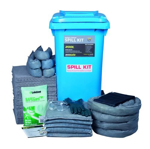 Prosafe Mobile Spill Kit (200L) for effective spill management with absorbent pads, socks, pillows, gloves, goggles, and disposal bags.