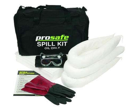 Prosafe Spill Packs (Oil Only) for effective spill management with 30L capacity, includes pads, socks, gloves, and goggles.