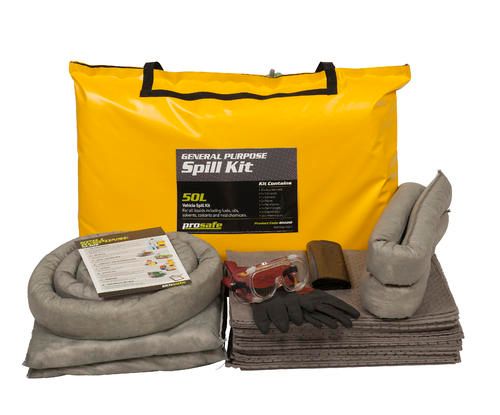 Prosafe Vehicle Spill Kit, featuring absorbent pads, socks, pillows, gloves, and goggles for effective spill management.