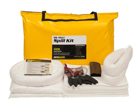 Prosafe Vehicle Spill Kit: Compact oil spill management kit with absorbent pads, socks, and safety gear for emergency response.