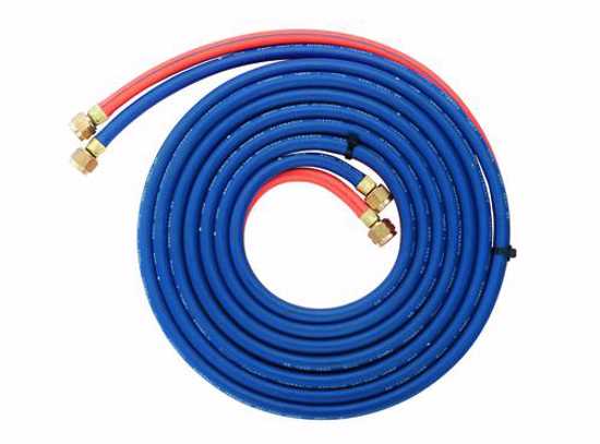 Cigweld Comet fitted twin hose for oxy-acetylene welding, color-coded for gas safety, 10m, ideal for professionals and DIY projects.