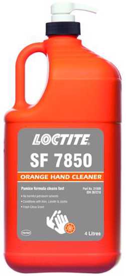 Loctite Orange Hand Cleaner 4L Pump with pumice formula, safe ingredients, and fresh scent, ideal for tough grime removal.